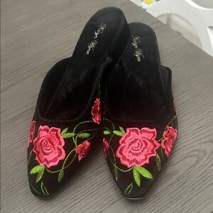 Rose-Embroidered Black Leela Velvet Mules by Kevyn Wayne